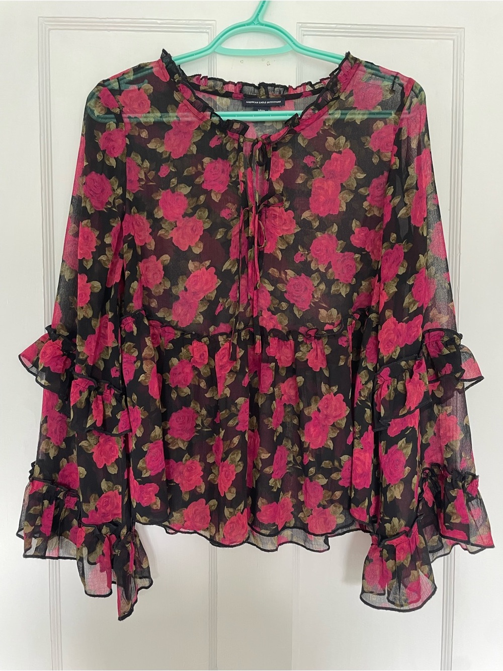 American Eagle Sheer Black Floral Tie Blouse with Red Rose Print